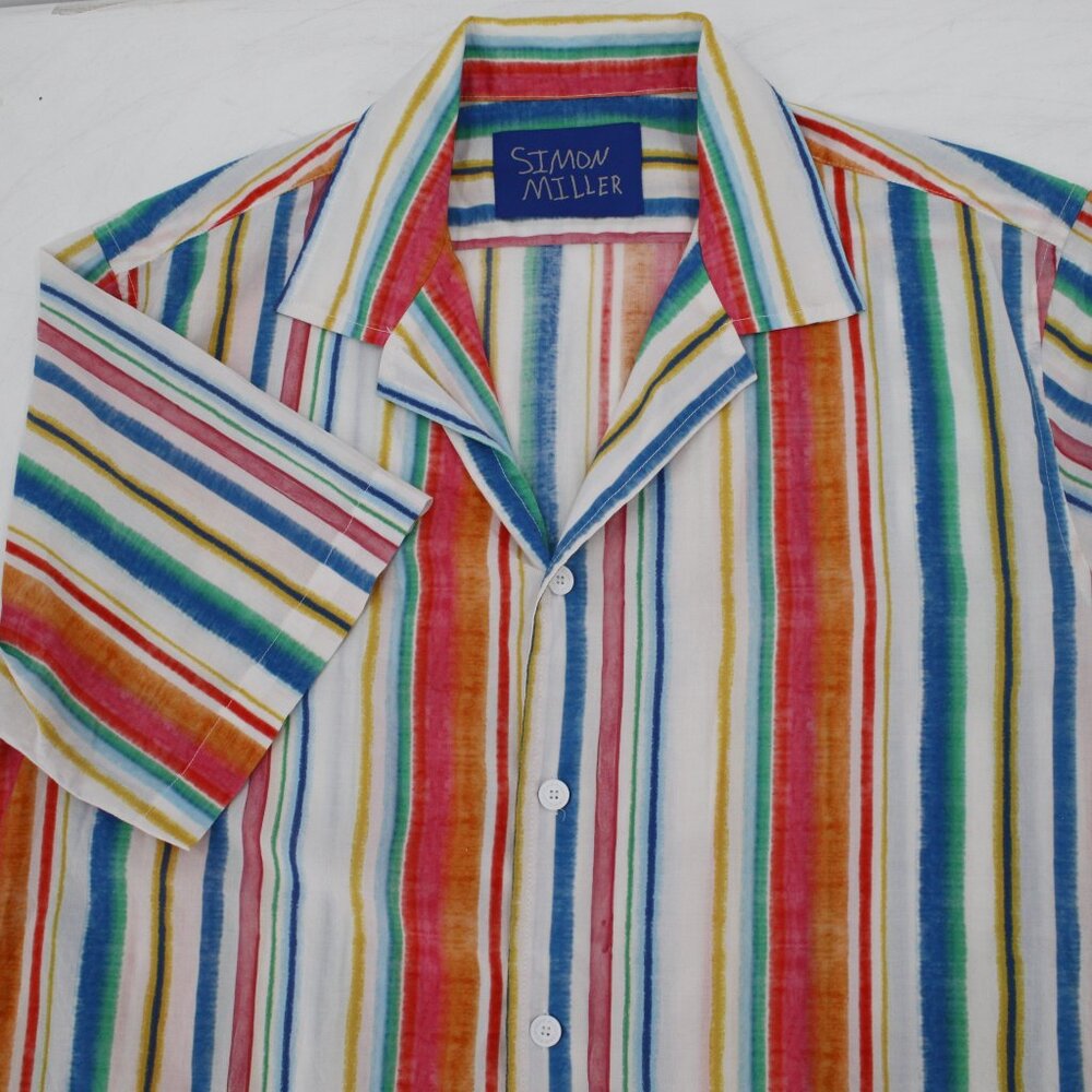 SIMON MILLER shirt Men large Short Sleeve striped Button Down lightweight cotton